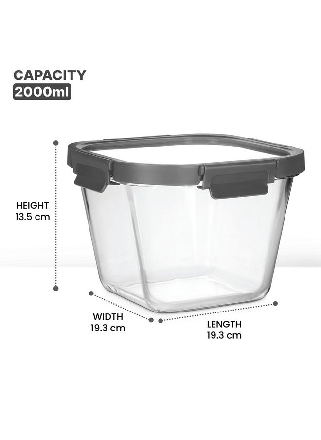 TREO - Treo by Milton Hi Borosilicate Clip Fresh Square Deep Container, Microwave Oven Safe, Glass Tiffin with Air Tight Lid, Multipurpose Storage Box, 2000 ml, Transparent, 1 Piece - Image 1