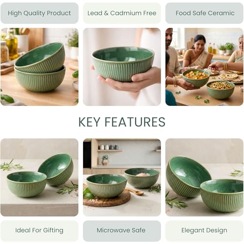 The Earth Store Glam Green Ceramic Serving Bowl - Set of 2, 850 ML Each | Versatile Ceramic Bowls for Snacks, Dal, and More | Perfect for Christmas Gift | New Year Gift & Daily Use - Image 2