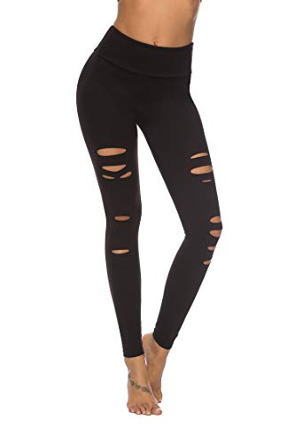 DIBAOLONG Womens High Waist Yoga Pants Cutout Ripped Tummy Control Workout Running Yoga Skinny Leggings Black XL - Image 1