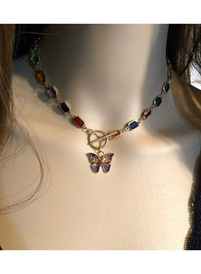 Goolsky Colorful Crystal Butterfly Necklace – Retro Square Gem OT Clasp Choker for Women, Summer Luxury Jewelry - Image 1