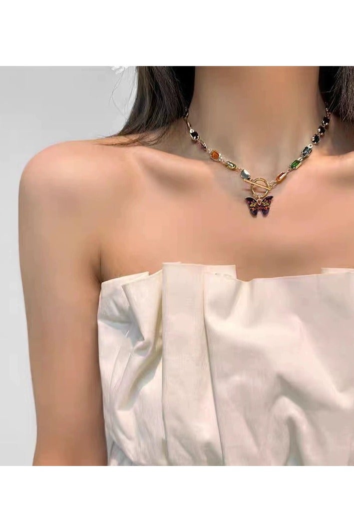 Goolsky Colorful Crystal Butterfly Necklace – Retro Square Gem OT Clasp Choker for Women, Summer Luxury Jewelry - Image 4