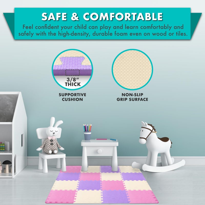 ProSource Foam Puzzle Floor Play Mat for Kids and Babies with Solid Colors, 36 or 16 Interlocking Tiles with Borders, Pink/Purple/Beige - Image 4