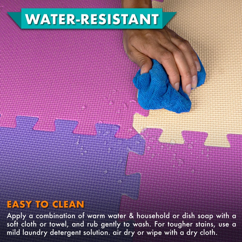 ProSource Foam Puzzle Floor Play Mat for Kids and Babies with Solid Colors, 36 or 16 Interlocking Tiles with Borders, Pink/Purple/Beige - Image 5