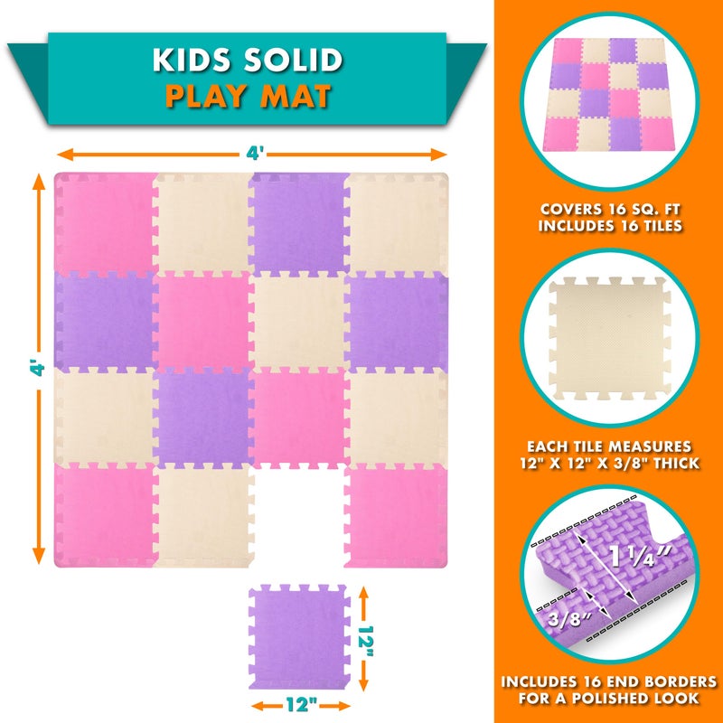 ProSource Foam Puzzle Floor Play Mat for Kids and Babies with Solid Colors, 36 or 16 Interlocking Tiles with Borders, Pink/Purple/Beige - Image 2