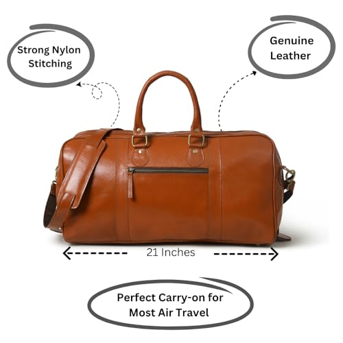 HULSH Premium Leather Travel Duffel Bag CarryOn Weekender Bag with Shoulder Strap Tan - Image 3