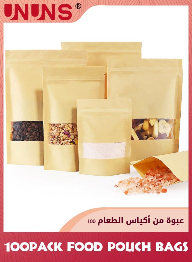 UNUNS 100 Pcs Reusable Stand Up Bags,Kraft Paper Bags With Window,Zip Lock Food Storage Bags For Packaging Products,Sealable - Image 1