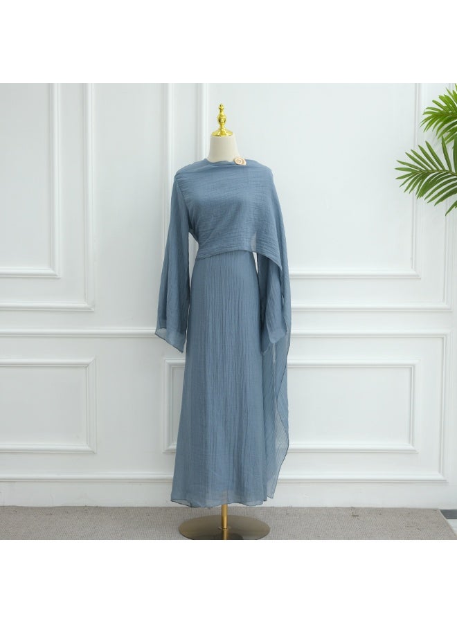 Women Solid Crinkle Layered Abaya Set Flared Sleeve Cape Maxi Dress With Brooch - Image 3