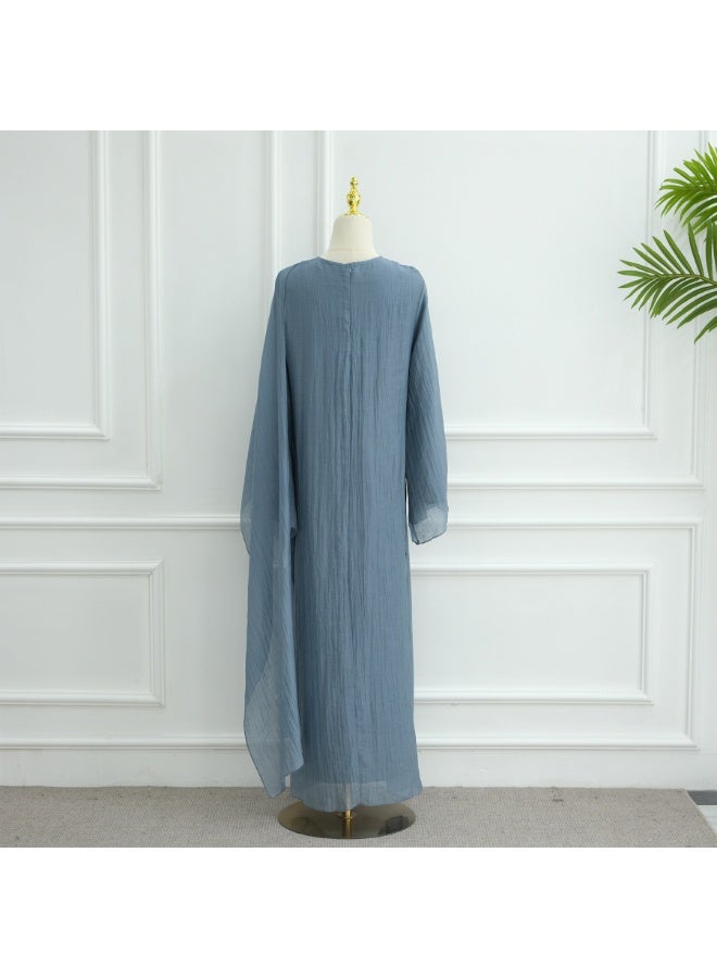 Women Solid Crinkle Layered Abaya Set Flared Sleeve Cape Maxi Dress With Brooch - Image 5
