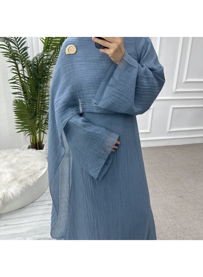 Women Solid Crinkle Layered Abaya Set Flared Sleeve Cape Maxi Dress With Brooch - Image 2