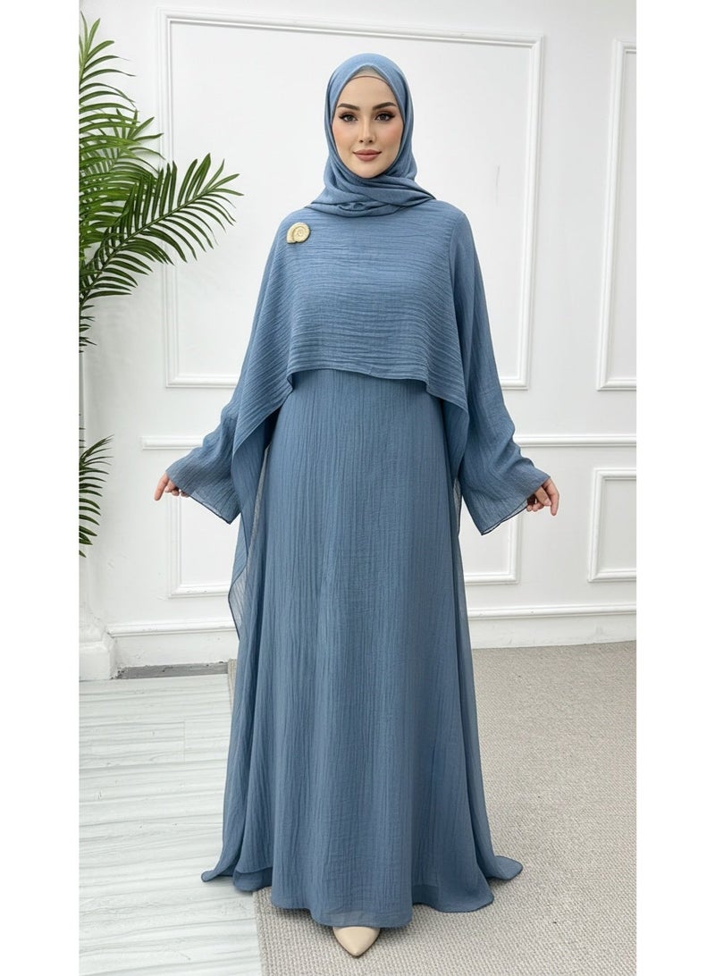 Women Solid Crinkle Layered Abaya Set Flared Sleeve Cape Maxi Dress With Brooch - Image 1