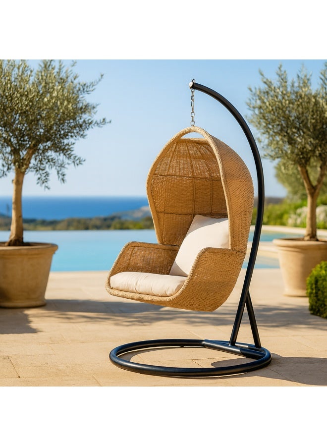 Wooden Twist Hanging Egg Swing With Stand And Cushion For Garden, Balcony, And Bedroom - Image 1