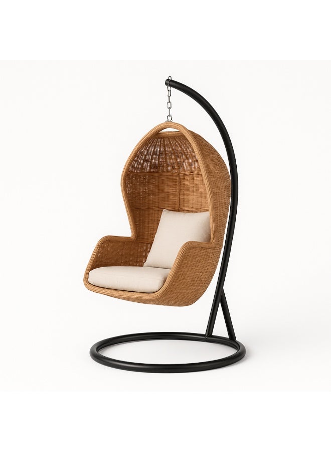 Wooden Twist Hanging Egg Swing With Stand And Cushion For Garden, Balcony, And Bedroom - Image 4