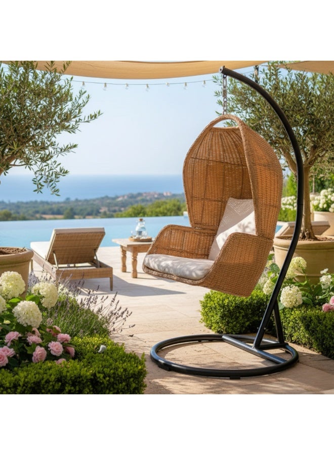 Wooden Twist Hanging Egg Swing With Stand And Cushion For Garden, Balcony, And Bedroom - Image 2