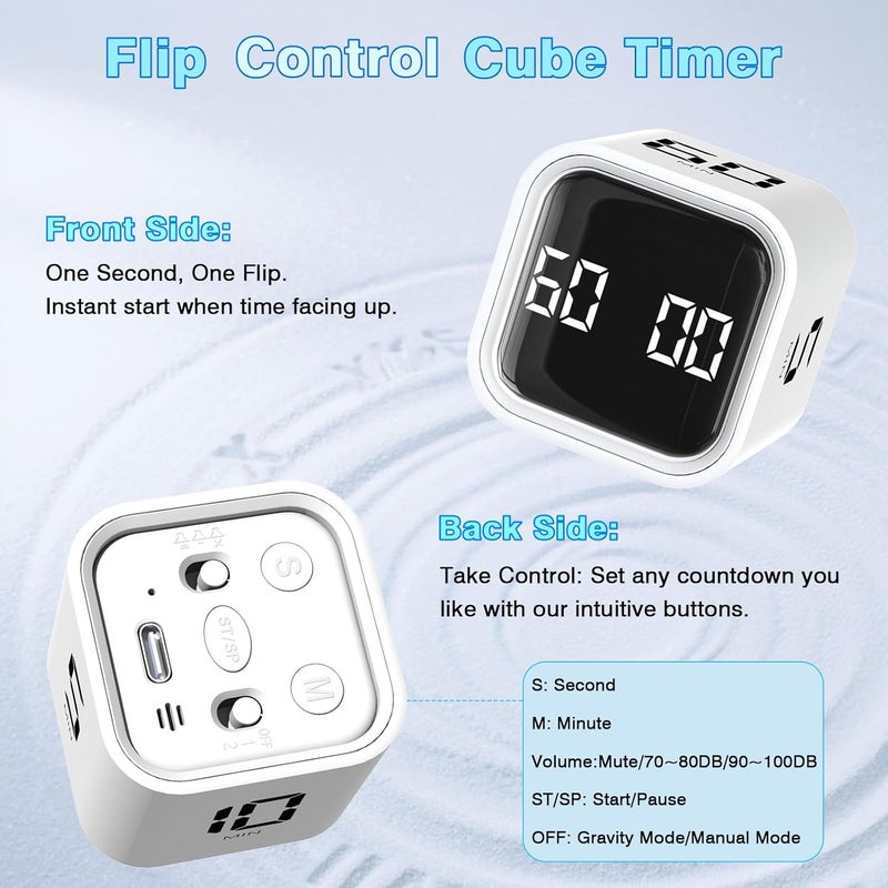 Wbacon Cube Pomodoro Timer, Smart Productivity Timer 5/10/30/60 Minutes & Custom Countdown, Pause & Resume, Adjustable & Silent Visual Timer, Portable Rotation Multi Desk Timer for Study Task Work Kitchen - Image 4