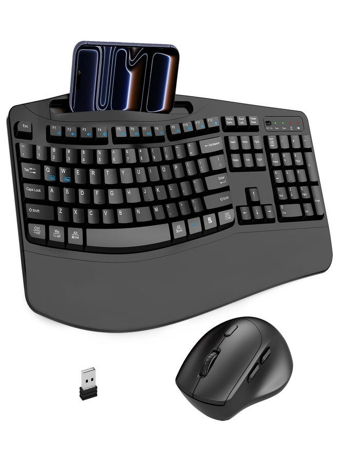 Faadar Wireless Keyboard and Mouse Combo, 2.4G Full Size Wave Keys Ergonomic Keyboard with Wrist Rest, Phone Holder, 3-Level DPI Wireless Silent Mouse with 6-Buttons, for Windows, Mac OS, Laptop, PC (Black) - Image 1