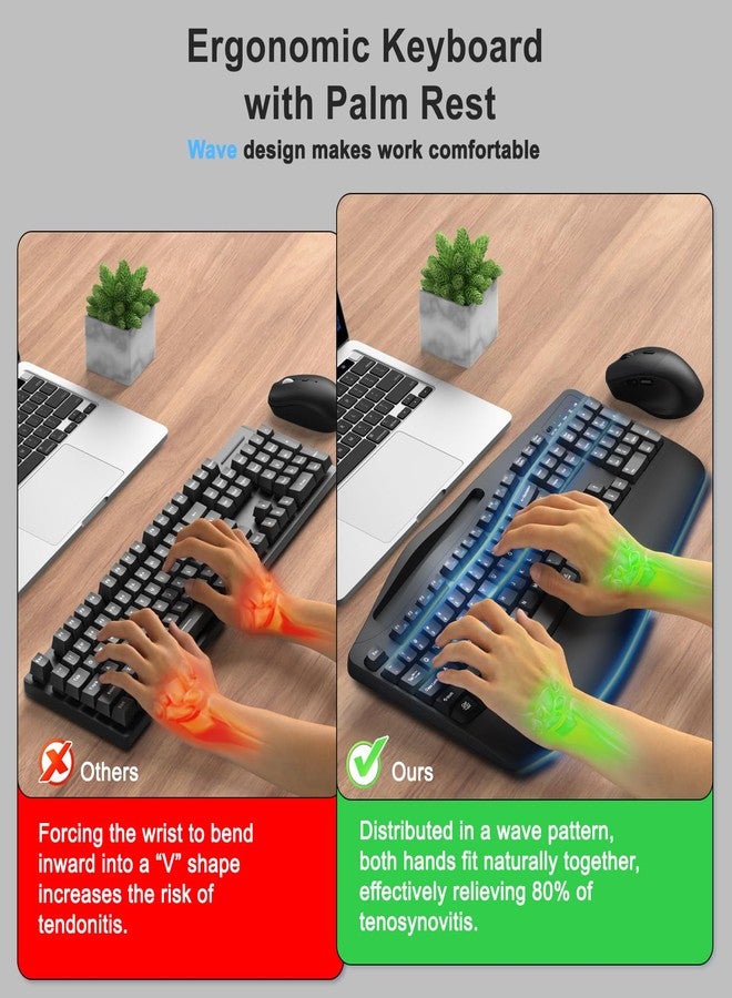 Faadar Wireless Keyboard and Mouse Combo, 2.4G Full Size Wave Keys Ergonomic Keyboard with Wrist Rest, Phone Holder, 3-Level DPI Wireless Silent Mouse with 6-Buttons, for Windows, Mac OS, Laptop, PC (Black) - Image 2
