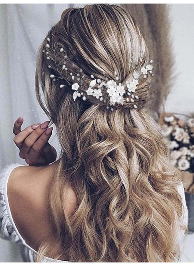 يونيكرا قطعة شعر العروس الفضية على شكل زهرة الكرمة لحفلات الزفاف وقطعة شعر اللؤلؤ وإكسسوارات الشعر على شكل أوراق الشجر للنساء والفتيات (12.5 بوصة) (ذهبي)  - Image 1