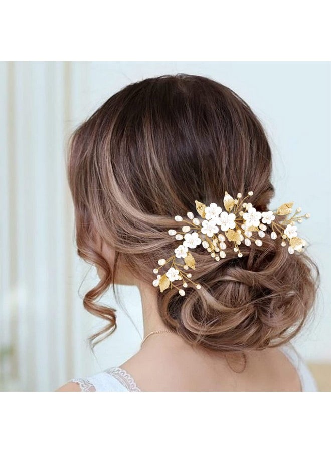 يونيكرا قطعة شعر العروس الفضية على شكل زهرة الكرمة لحفلات الزفاف وقطعة شعر اللؤلؤ وإكسسوارات الشعر على شكل أوراق الشجر للنساء والفتيات (12.5 بوصة) (ذهبي)  - Image 4