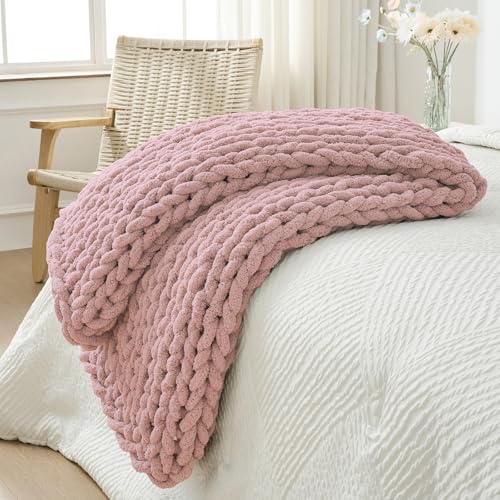 Bigacogo Chunky Knit Throw Blanket for Couch, 40x60 inches, 100% Hand Knitted with Thick Jumbo Chenille Yarn, Cozy Soft Large Rope Knot Cable Crochet Blankets for Sofa Bed Living Room, Dusty Pink - Image 1