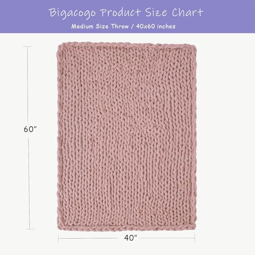Bigacogo Chunky Knit Throw Blanket for Couch, 40x60 inches, 100% Hand Knitted with Thick Jumbo Chenille Yarn, Cozy Soft Large Rope Knot Cable Crochet Blankets for Sofa Bed Living Room, Dusty Pink - Image 2