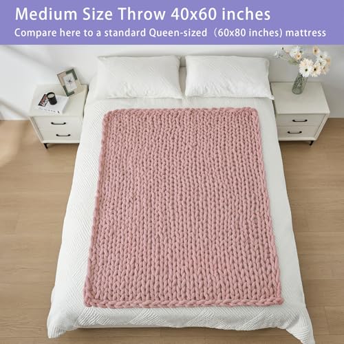 Bigacogo Chunky Knit Throw Blanket for Couch, 40x60 inches, 100% Hand Knitted with Thick Jumbo Chenille Yarn, Cozy Soft Large Rope Knot Cable Crochet Blankets for Sofa Bed Living Room, Dusty Pink - Image 5