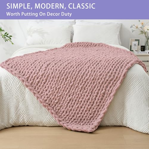 Bigacogo Chunky Knit Throw Blanket for Couch, 40x60 inches, 100% Hand Knitted with Thick Jumbo Chenille Yarn, Cozy Soft Large Rope Knot Cable Crochet Blankets for Sofa Bed Living Room, Dusty Pink - Image 3