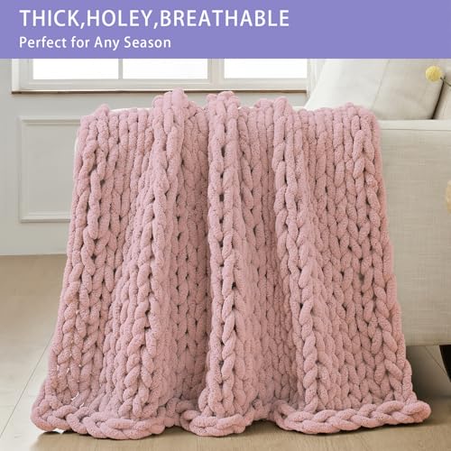 Bigacogo Chunky Knit Throw Blanket for Couch, 40x60 inches, 100% Hand Knitted with Thick Jumbo Chenille Yarn, Cozy Soft Large Rope Knot Cable Crochet Blankets for Sofa Bed Living Room, Dusty Pink - Image 4