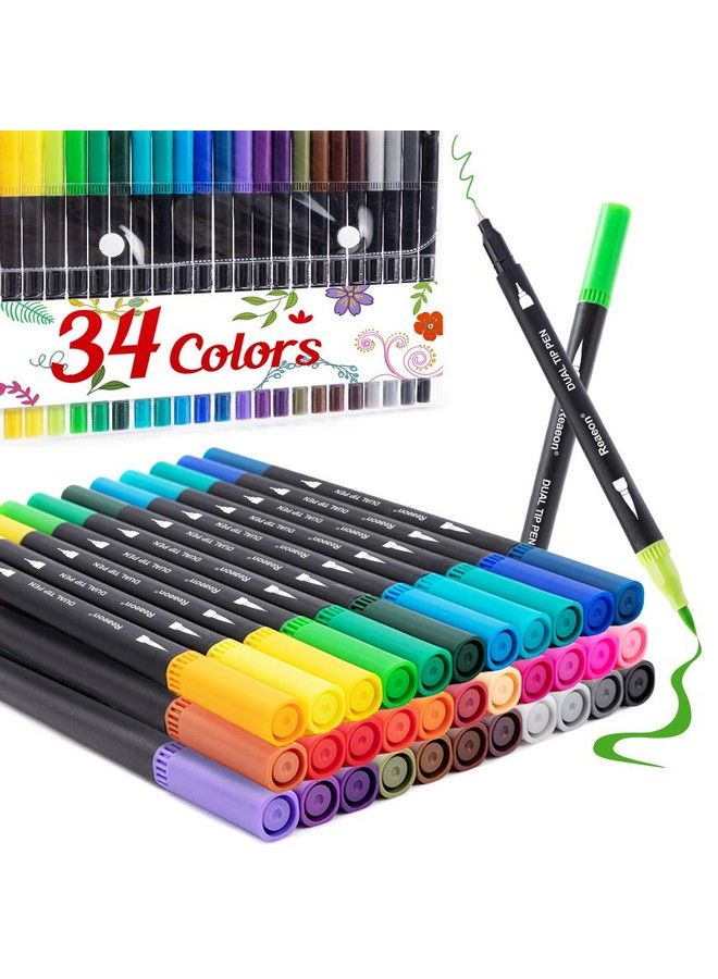Reaeon Coloring Markers Pen Dual Brush Tip Marker For Adult Coloring 34 Color Calligraphy Fine Tip Pen For Beginner Journal Planner Drawing Doodle  - Image 1
