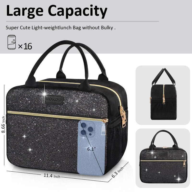 BAOGCOYO Lunch Bag For Women, Leakproof Glitter Lunch Box, Cute Lunch Tote Bag Adult, Large Capacity Insulated Reusable Cooler Lunch Containers for Work Travel Picnic or Office (Black Bling Sparkle) - Image 2
