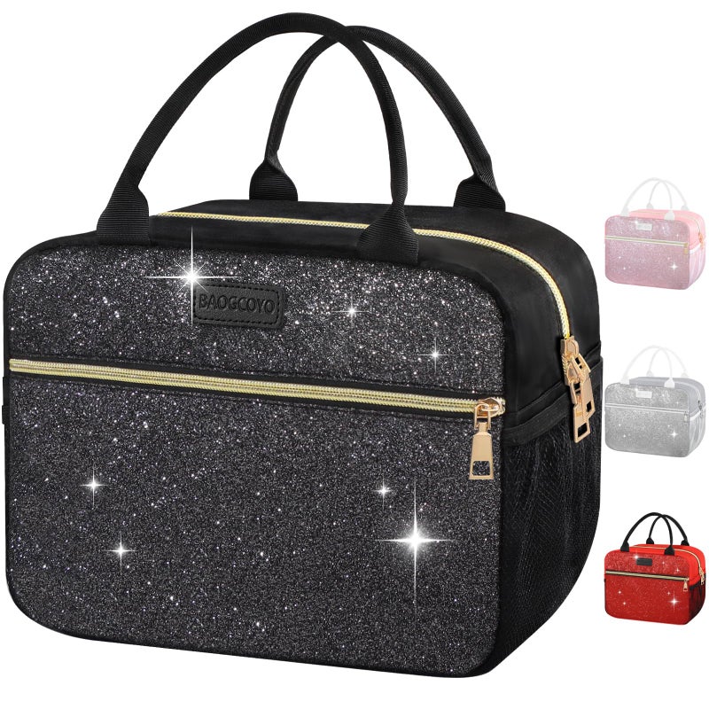 BAOGCOYO Lunch Bag For Women, Leakproof Glitter Lunch Box, Cute Lunch Tote Bag Adult, Large Capacity Insulated Reusable Cooler Lunch Containers for Work Travel Picnic or Office (Black Bling Sparkle) - Image 1
