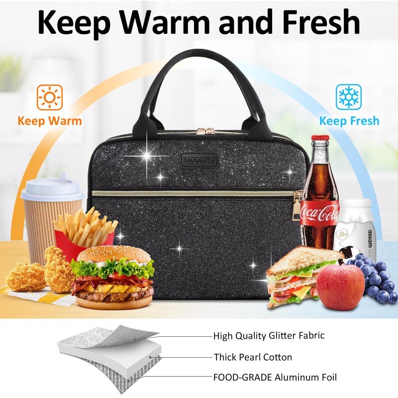 BAOGCOYO Lunch Bag For Women, Leakproof Glitter Lunch Box, Cute Lunch Tote Bag Adult, Large Capacity Insulated Reusable Cooler Lunch Containers for Work Travel Picnic or Office (Black Bling Sparkle) - Image 4