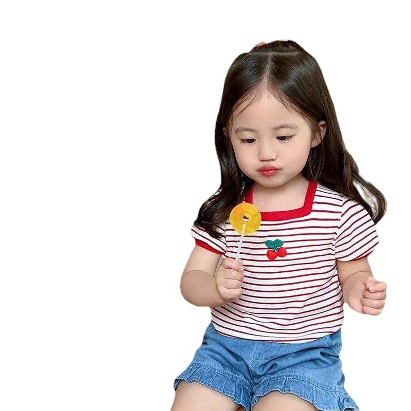 Summer Girls' Short-sleeved T-shirt Baby Stylish Children's Personalized Trendy Brand Cute Fresh Striped Flower Square Collar Top - Image 3