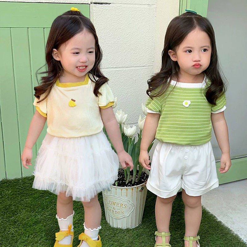 Summer Girls' Short-sleeved T-shirt Baby Stylish Children's Personalized Trendy Brand Cute Fresh Striped Flower Square Collar Top - Image 1