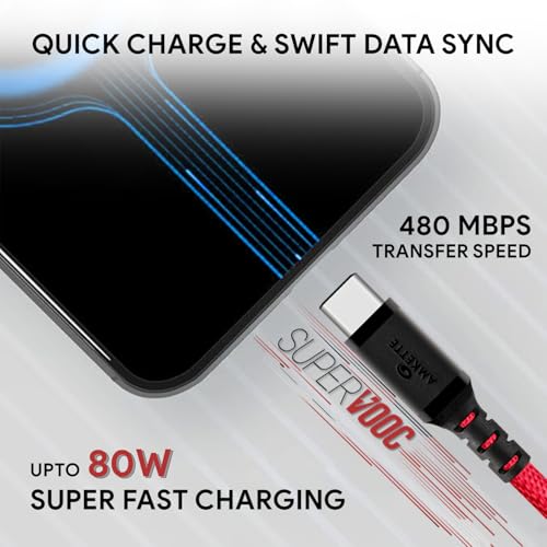 Amkette ToughPro 80W Type-C Charging Cable, SuperVOOC/Dart/Dash Fast Charge Compatible, 480Mbps Data Transfer – Supports OnePlus, Realme, Oppo, Vivo, Xiaomi, Samsung & More, 1.5m(Red) - Image 2