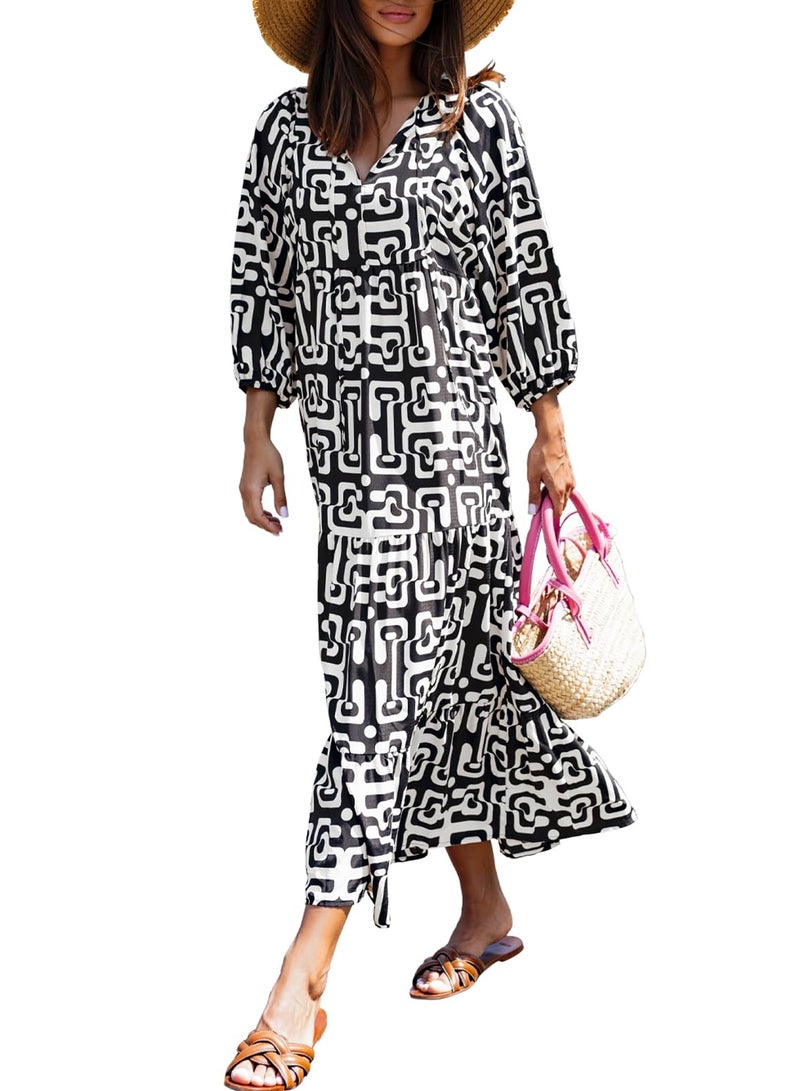 miduo Womens 2026 Maxi Dress Short Sleeve V Neck Summer Casual Beach Geometric Boho Sundress Long Maxi Dresses S - Image 1