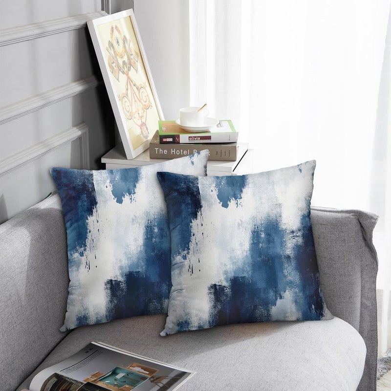 Britimes Throw Pillow Covers Modern Home Art Decor, 20 x 20 Inches Set of 2 Abstract Oil Painting Pillowcases for Bedroom, Living Room, Cushion Couch Sofa, Abstract White Navy Blue - Image 2