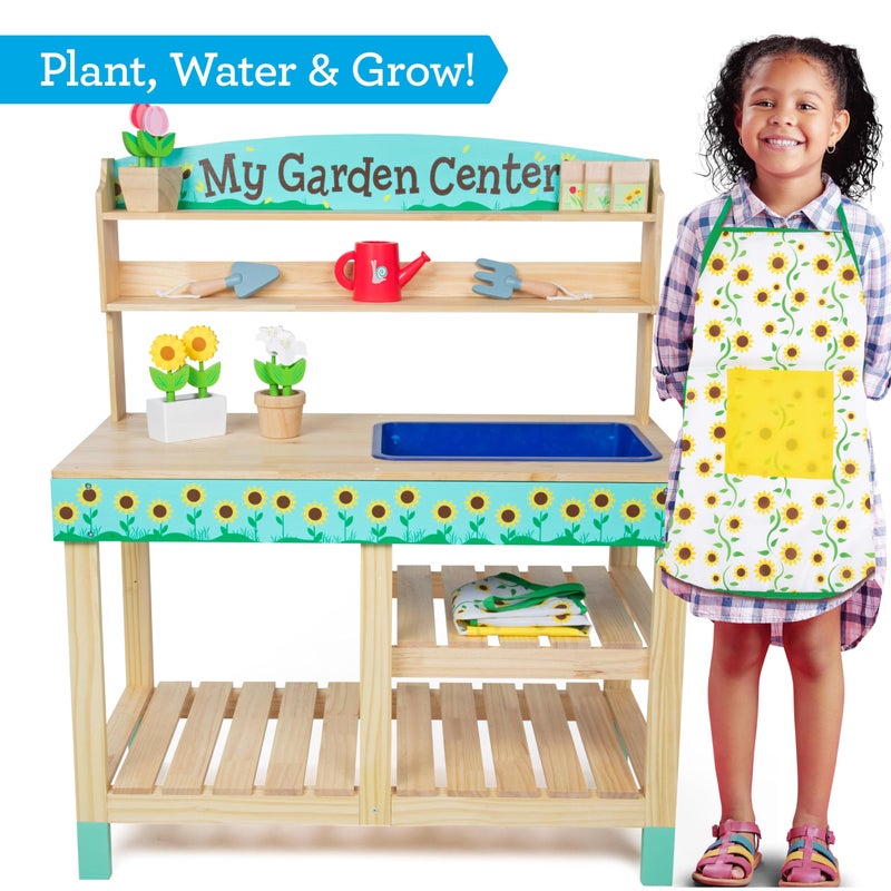 Svan Bloom & Grow Gardening Center Wooden Toy Indoor Playset- Kids Easter Gift- 22 Pc Garden Stand Set w Flowers, Seed Packet, Pots Shovel Rake Apron Watering Pot- Interactive Fun Pretend Playtime Activity - Image 2