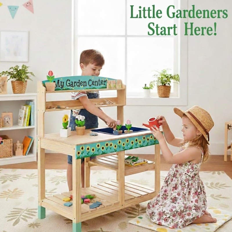 Svan Bloom & Grow Gardening Center Wooden Toy Indoor Playset- Kids Easter Gift- 22 Pc Garden Stand Set w Flowers, Seed Packet, Pots Shovel Rake Apron Watering Pot- Interactive Fun Pretend Playtime Activity - Image 5