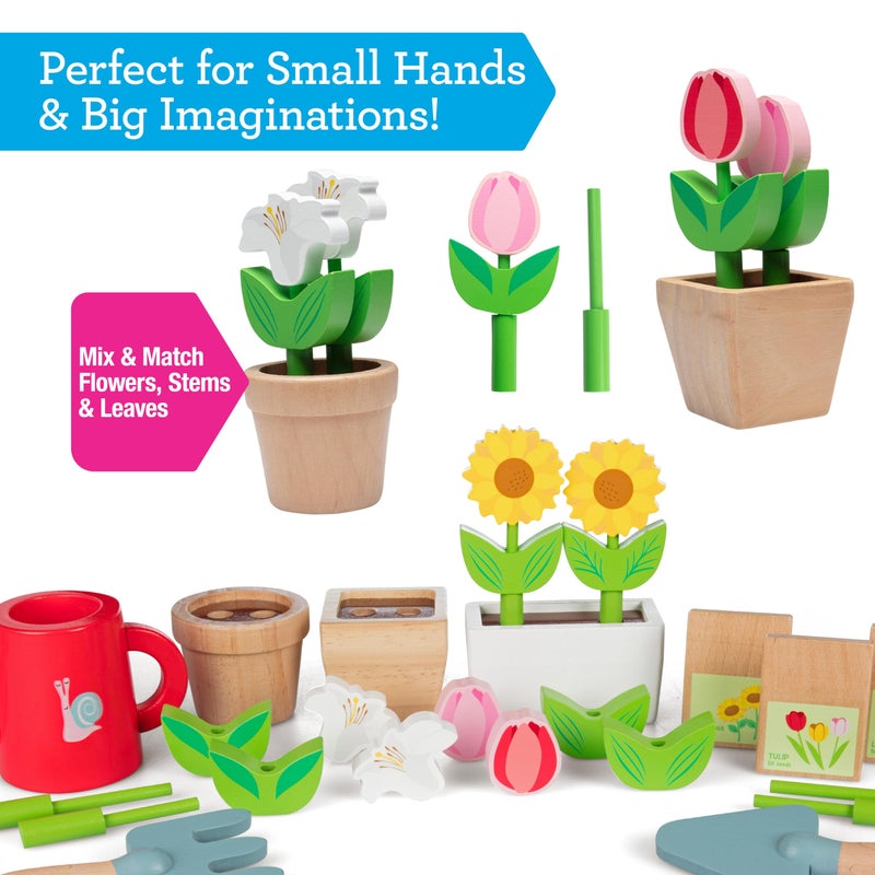 Svan Bloom & Grow Gardening Center Wooden Toy Indoor Playset- Kids Easter Gift- 22 Pc Garden Stand Set w Flowers, Seed Packet, Pots Shovel Rake Apron Watering Pot- Interactive Fun Pretend Playtime Activity - Image 3