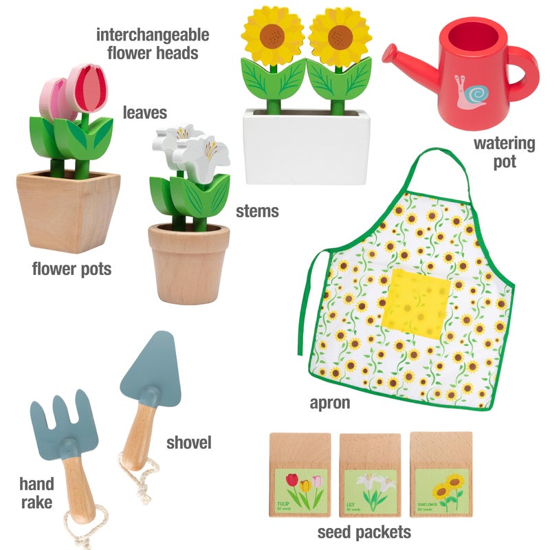 Svan Bloom & Grow Gardening Center Wooden Toy Indoor Playset- Kids Easter Gift- 22 Pc Garden Stand Set w Flowers, Seed Packet, Pots Shovel Rake Apron Watering Pot- Interactive Fun Pretend Playtime Activity - Image 4
