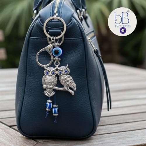 BLUE BEADS Silver Color Double Owl with Evil Eye Keychain For Bike/Car Gifting With Key Ring (Pack Of 1) - Image 3