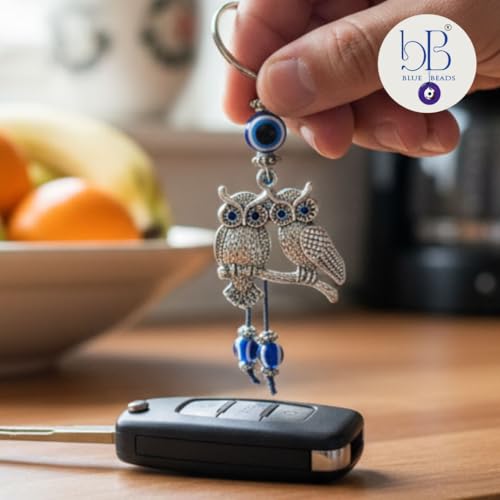 BLUE BEADS Silver Color Double Owl with Evil Eye Keychain For Bike/Car Gifting With Key Ring (Pack Of 1) - Image 5