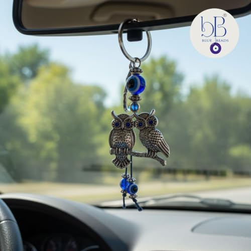 BLUE BEADS Silver Color Double Owl with Evil Eye Keychain For Bike/Car Gifting With Key Ring (Pack Of 1) - Image 4