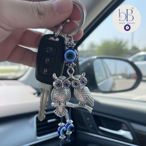 BLUE BEADS Silver Color Double Owl with Evil Eye Keychain For Bike/Car Gifting With Key Ring (Pack Of 1) - Image 2
