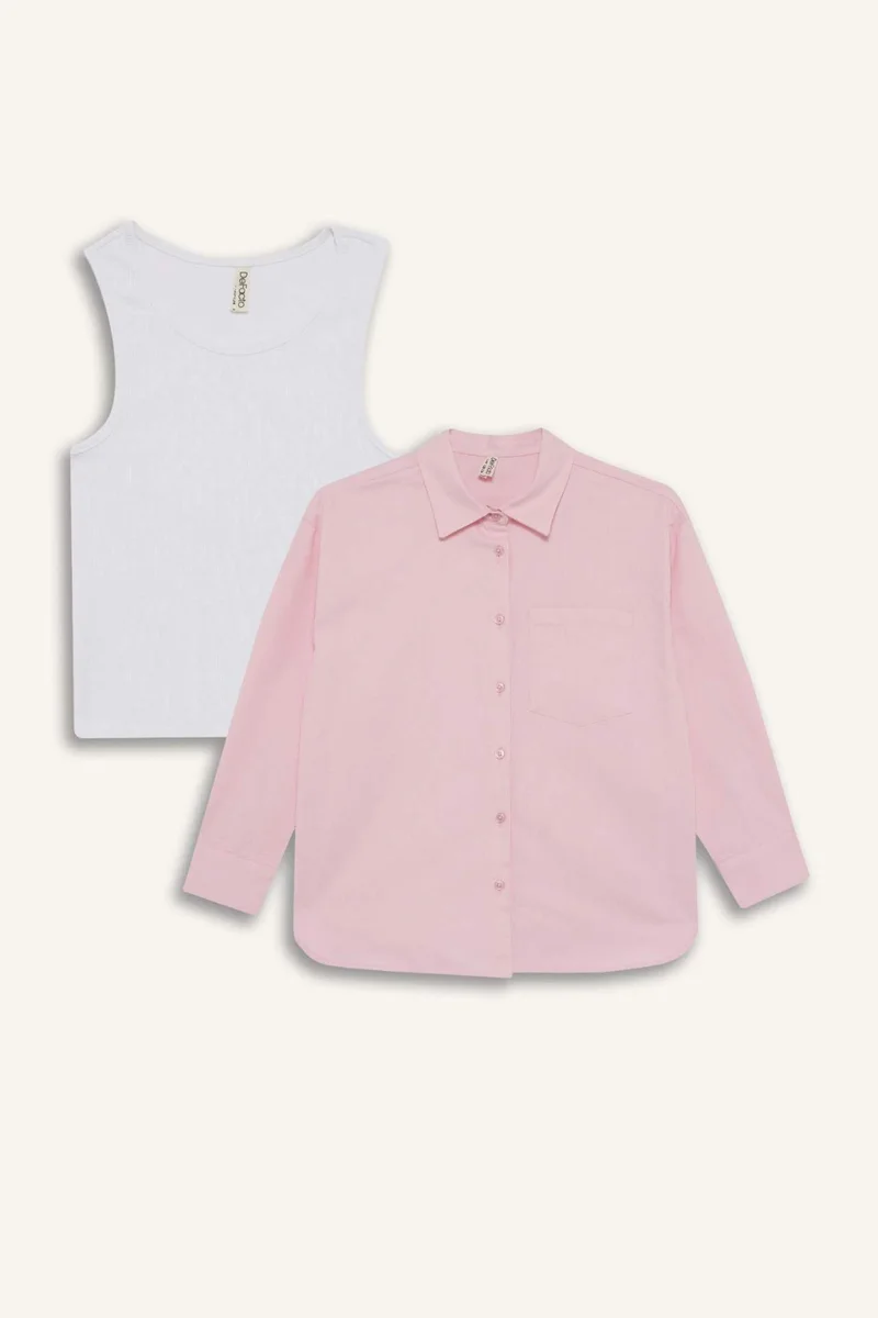 ديفاكتو Girl Oxford Long Sleeve Shirt T-Shirt 2 Piece Set
