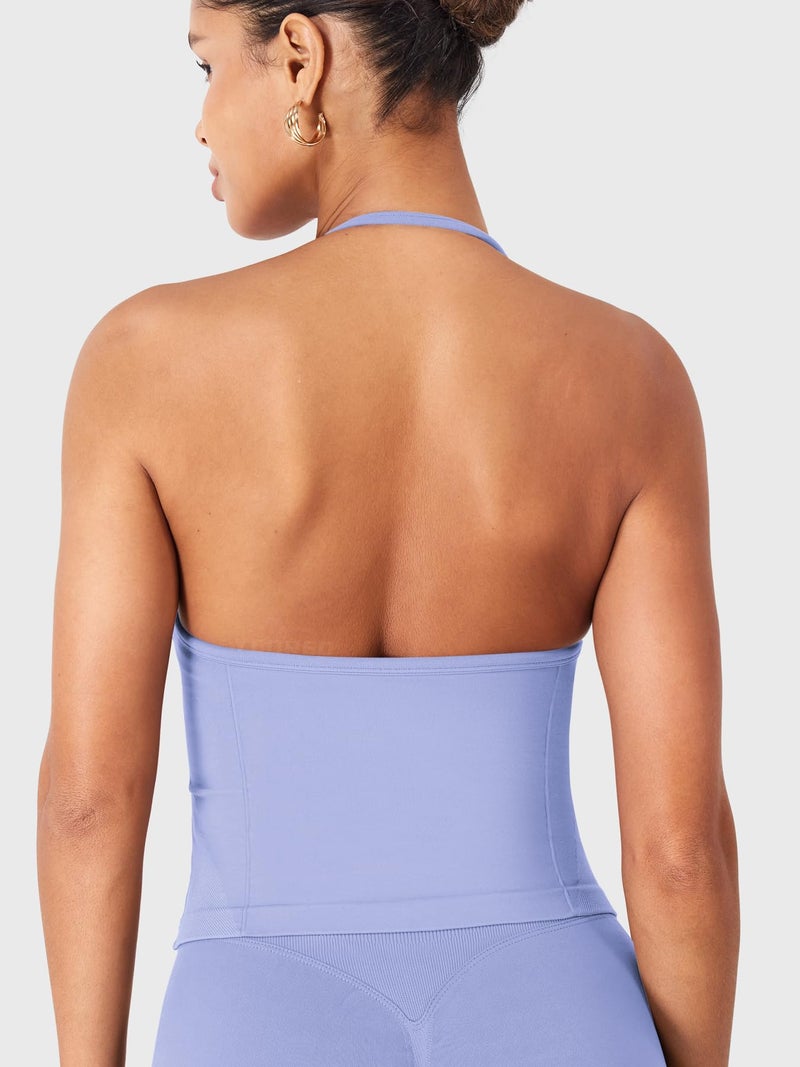 YEOREO SoftHue Impact Longline Strappy Top Women's Halter Workout Tank Tops Backless Gym Longline with Adjustable Strap Ice Blue - Image 5