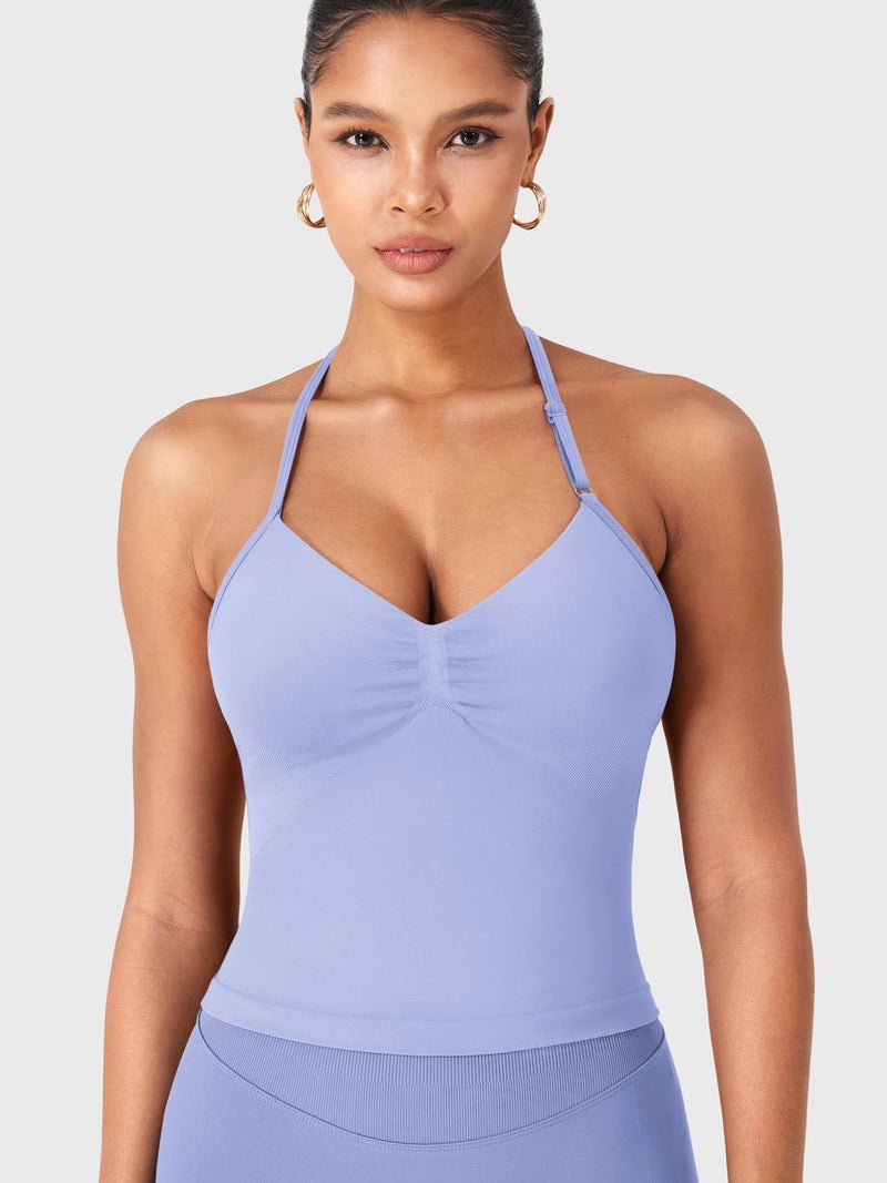 YEOREO SoftHue Impact Longline Strappy Top Women's Halter Workout Tank Tops Backless Gym Longline with Adjustable Strap Ice Blue - Image 4
