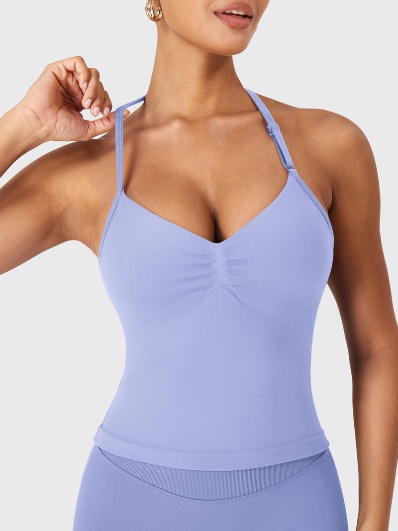 YEOREO SoftHue Impact Longline Strappy Top Women's Halter Workout Tank Tops Backless Gym Longline with Adjustable Strap Ice Blue - Image 3