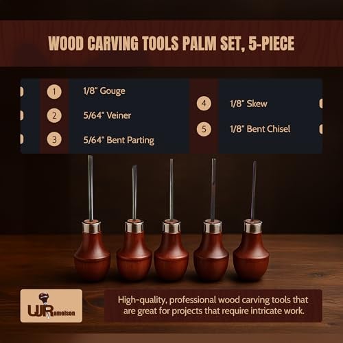UJ Ramelson Co UJ Ramelson Wood Carving Tools Palm Set for Woodworking, Fine Miniature Detail, Stamp Making, Tile Etching, Mini Chisel and Gouge, 5 Pieces - Image 2