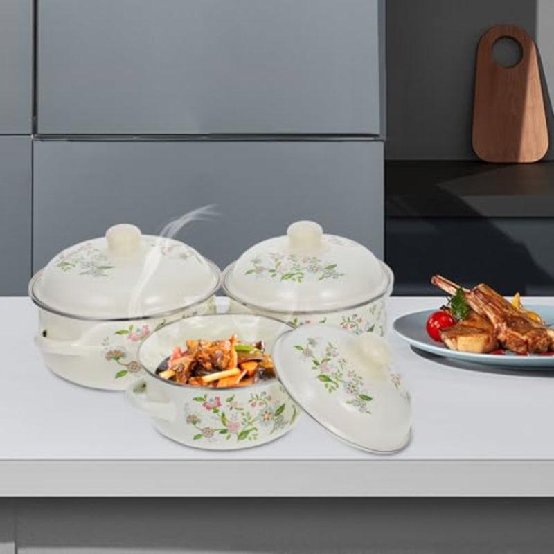 3pcs Enamel Mini Soup Pot for stovetop stewing, casserole cooking, sauce braising; beige enamel-coated steel with durable handles and lid - Image 3